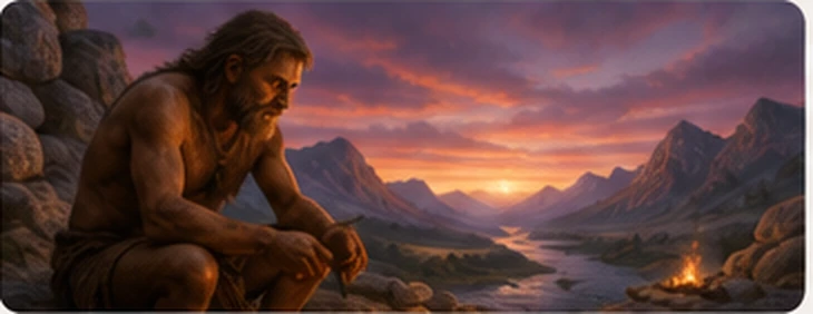 Homme préhistorique observant la lumière et les rythmes naturels dans un paysage ancien
